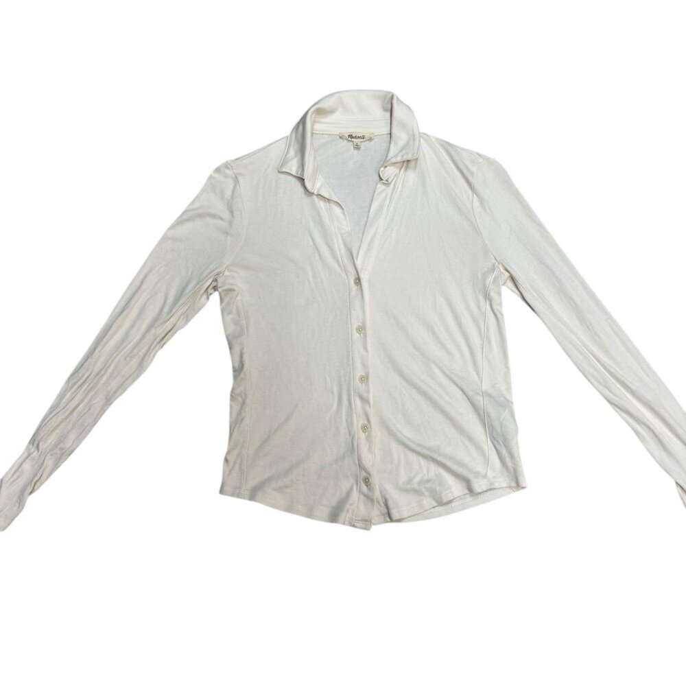 Madewell White Button Front Knit Top Size Small Lightweight Long Sleeve - GUC